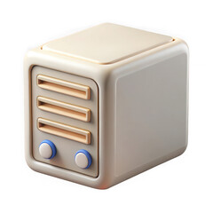 3d rendered cream colored retro style radio with round buttons on a black background