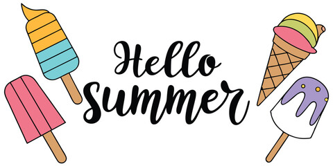 Hello Summer Ice Cream Illustration – Colorful Chocolate Popsicles and Cone Vector Design