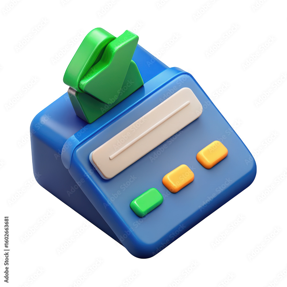 Poster stylized voting machine icon rendered in 3d with a bright blue body and colorful buttons displaying 