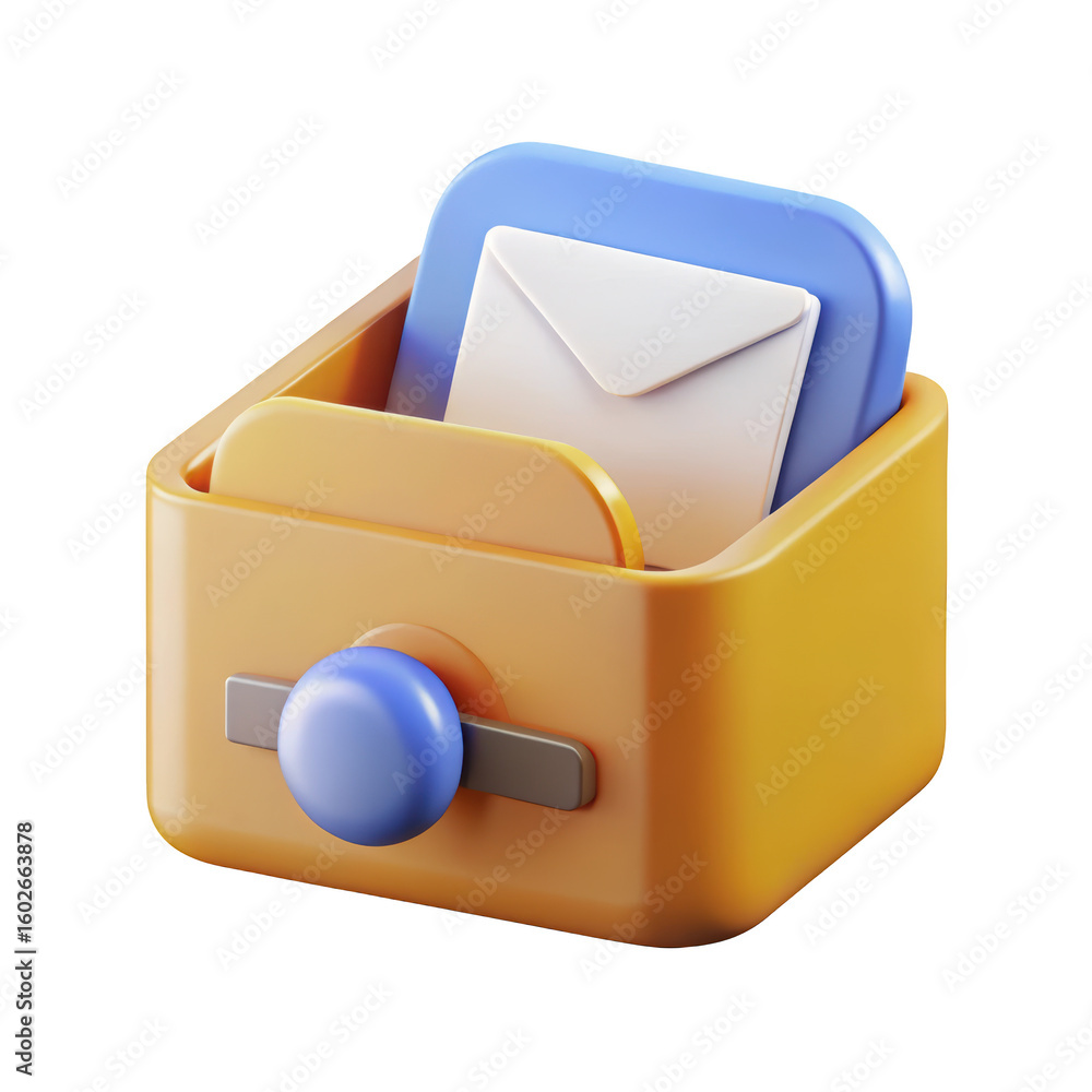 Poster yellow inbox drawer with blue and beige dividers including a white envelope on background render