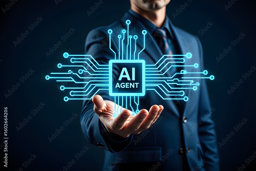 Poster multi agent ai systems, businessman holding ai agents, ai driven solutions streamline workflows, dec