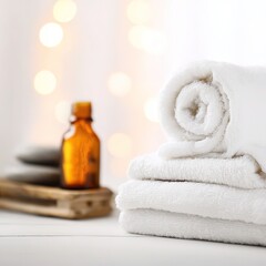 Professional aromatherapy composition with towel texture and essential oil focus, ideal for wellness themes