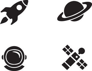 Black icons of rocket planet astronaut helmet and satellite