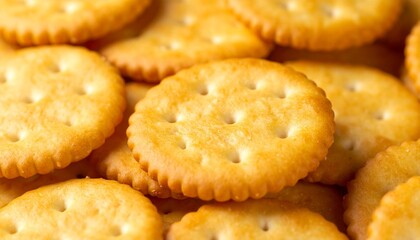 Golden scalloped-edge crackers with punctured surface texture, stacked on white background for snack product display.