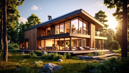 Modern single-story house with sloped roof, large glass windows, and spacious wooden deck surrounded by lush forest, designed for serene nature retreat visual.