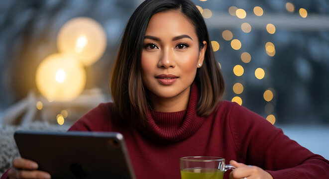 A sophisticated woman attentively using a tablet and sipping tea indoors.