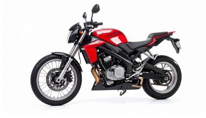 Red sport-style motorcycle with black seat and silver exhaust, isolated on white background for automotive product showcase.