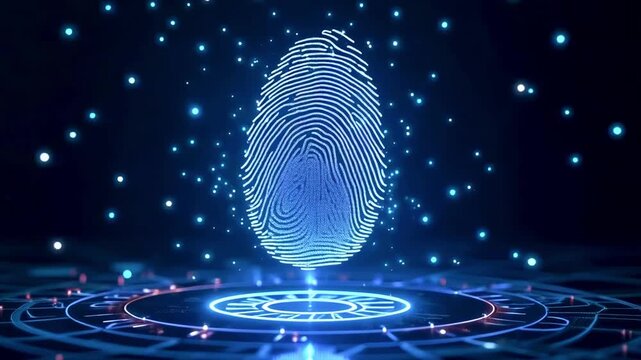 Digital fingerprint glowing in a futuristic environment with blue particles and circular patterns