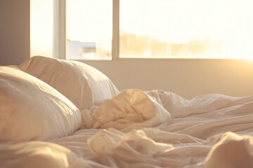 Minimalist modern bedroom with high-thread-count white bedding under soft natural morning light