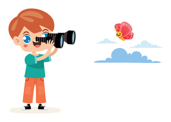 Cute Cartoon Kid Using Binoculars