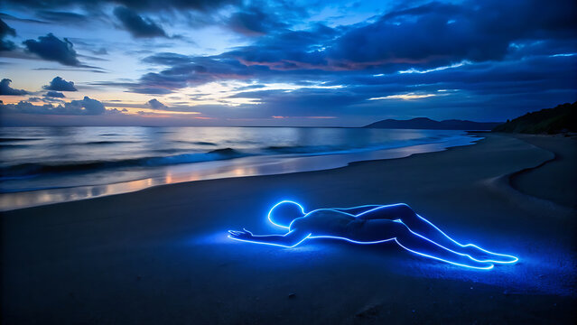 Dark Sandy Beach At Blue Hour With Glowing Chalk Style Tree Illustration  