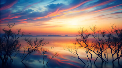 Naklejka premium Dreamy Overlay Of Minimalist Tree Branches Fading Into Ocean Horizon 
