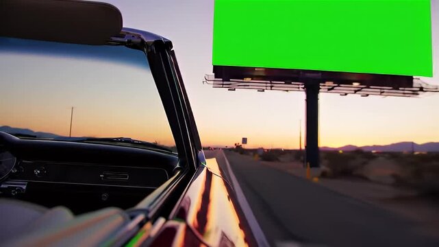 Green screen billboard on a desert road at sunset, viewed from a driving classic convertible. Ideal for compositing and advertising mockups.