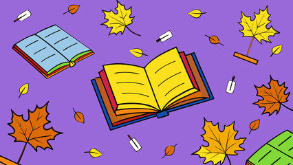 Scattered Open Books and Autumn Leaves on Tree Branches in purple  background vector illustration.
