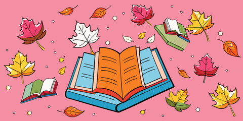 Scattered Open Books and Autumn Leaves on Tree Branches in pink background vector illustration.
