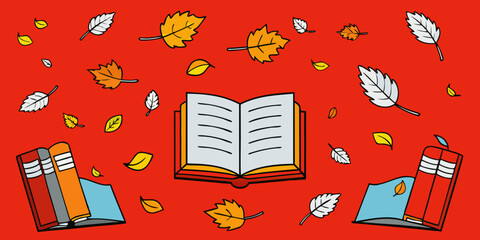 Scattered Open Books and Autumn Leaves on Tree Branches in orange red background vector illustration.
