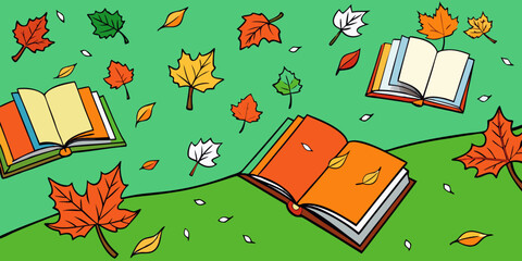 Open book with autumn seamless leaves vector illustration in green background 