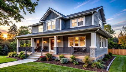 Modern two-story suburban house with gray siding, white trim, front porch with stone columns, landscaped yard and clear sky backdrop.