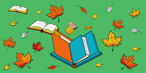 Open book with autumn seamless leaves vector illustration in green background 