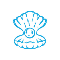 Pearl in oyster shell, vector illustration with doodle style. Round sea shell in blue color. Open shell