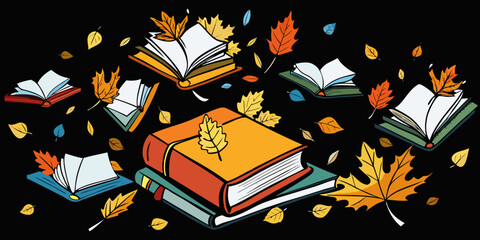 Scattered Open Books and Autumn Leaves on Tree Branches in black background vector illustration.
