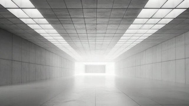 Bright empty corridor with concrete walls and ceiling lights creating futuristic clean spacious calm atmosphere glowing end feels open inviting light bright spacious calm corridor concrete ceiling