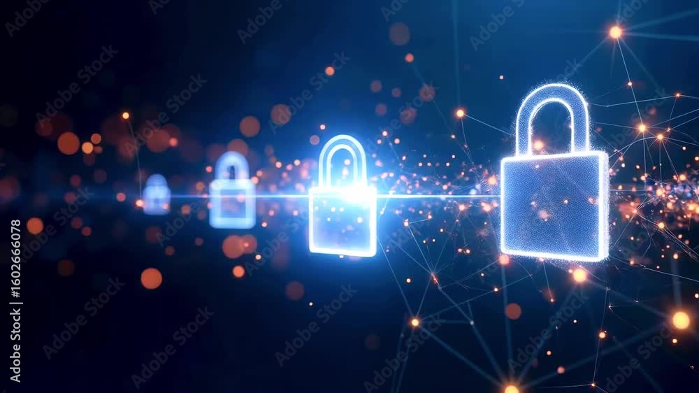 Poster digital representation of secure locks interconnected by glowing lines, symbolizing cybersecurity ad