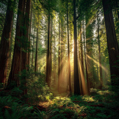 Obraz premium Redwood forest with sunbeams through the canopy at sunset, highly detailed, warm light and rich green tones