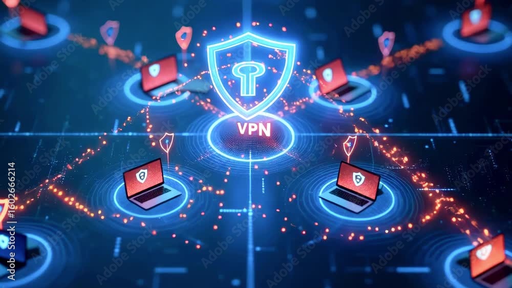 Poster digital illustration of a secure vpn network with interconnected laptops, showcasing cybersecurity