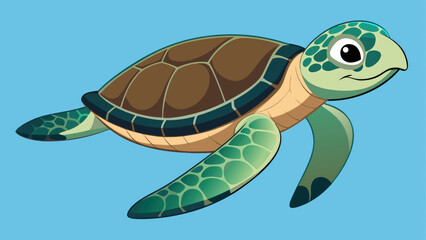A colorful flat vector illustration showcases a green sea turtle gliding through a clear blue ocean environment