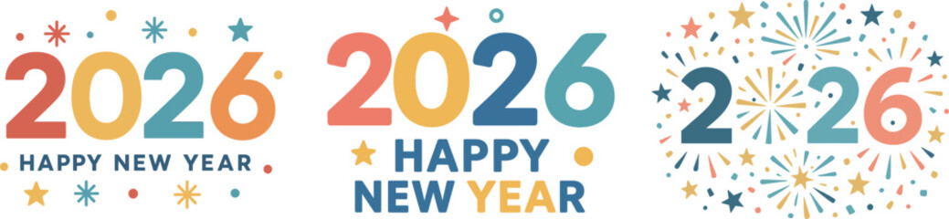 Colourful flat numerals “2026” dominate the layout, surrounded by tiny stars, dots and confetti, while the message “Happy New Year” sits beneath. Bright primary hues and clean shapes radiate optimism,