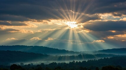 Majestic sunrise illuminating misty forest and rolling hills