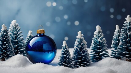 Blue christmas ornament standing in the snow near small christmas trees