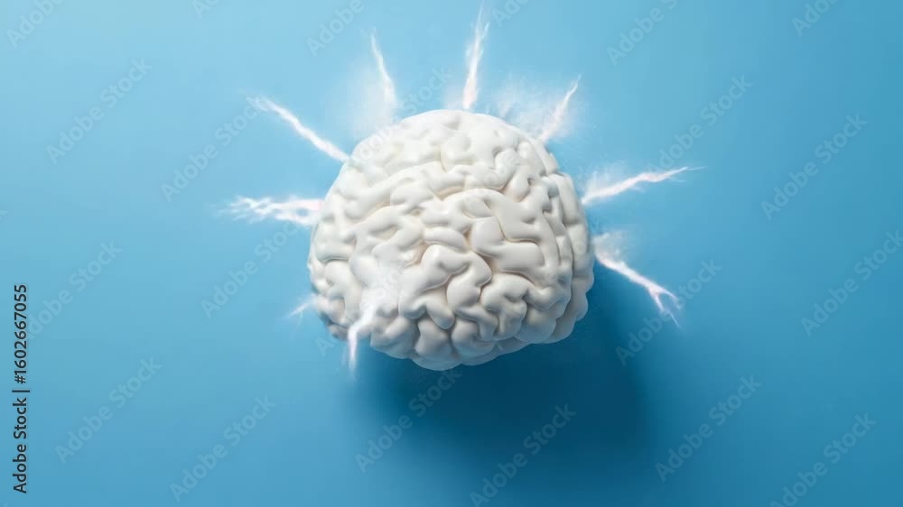Poster white anatomical brain model exploding with ideas and creativity, surrounded by smoke and lightning 