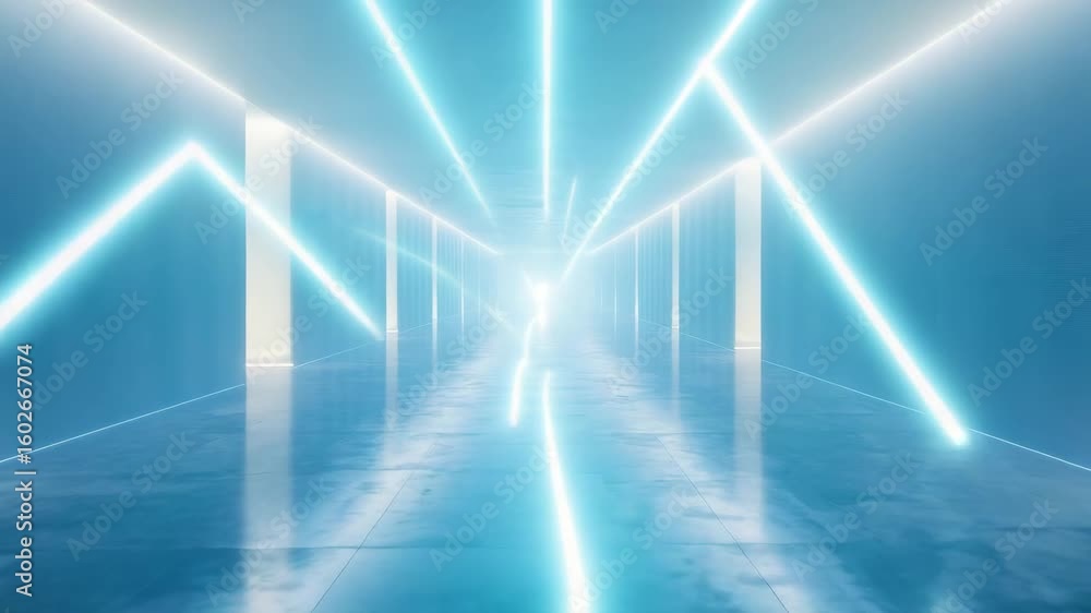 Sticker futuristic corridor with glowing blue light beams and reflective floor creating surreal dynamic atmo