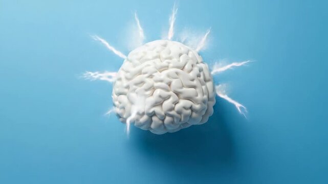 White anatomical brain model exploding with ideas and creativity, surrounded by smoke and lightning bolts, isolated on a vibrant blue background