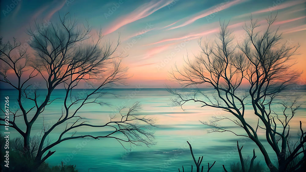 Poster overlay of bare tree branches merging into teal ocean horizon