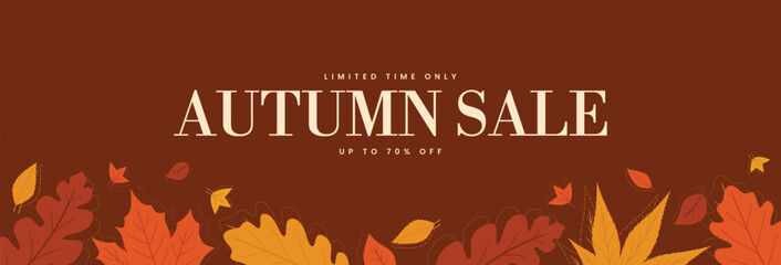 Autumn sale promotion banner. Autumn special offer background with leaves. Fall seasonal sale discount. Vector illustration