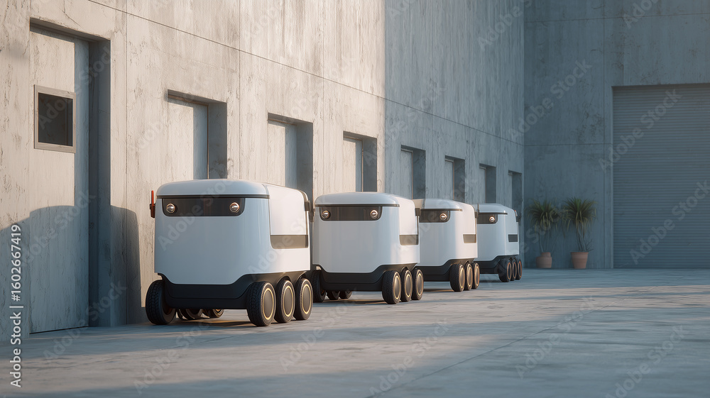 Poster this autonomous delivery drones wait in a sleek environment, ready for last-mile package distributio