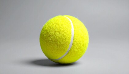 Yellow fuzzy tennis ball with white seam, placed on gradient surface shifting from dark to light tones. Isolated to showcase sport equipment with texture emphasis.