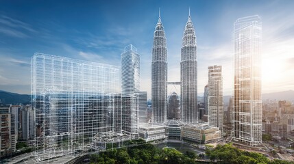 City skyline with superimposed architectural blueprints.