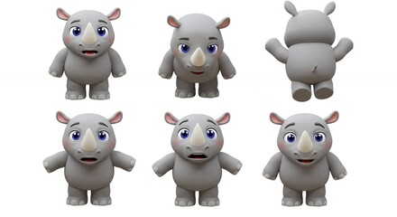 Cartoon rhino character multiple views