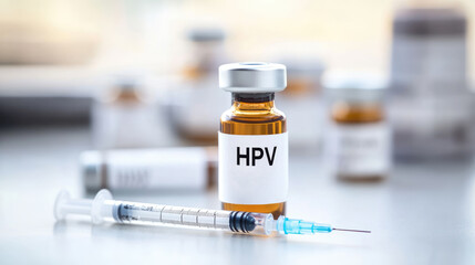HPV vaccine concept with syringe and labeled vial placed on a clean white table, representing immunization, prevention, and healthcare awareness. Banner with copy space