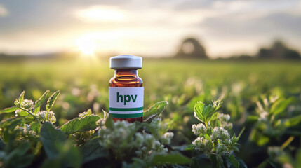 HPV vaccine vial placed among green plants in a natural field at sunset, symbolizing health, protection, prevention, and harmony between medicine and nature. Banner with copy space