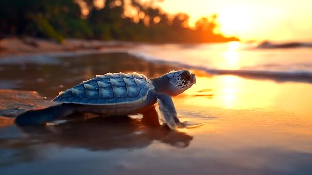 A baby turtle making its way towards the ocean at sunset, with a serene beach background