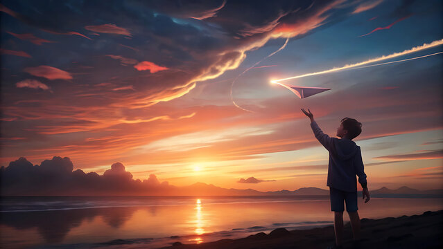 Silhouette Of A Boy Releasing Paper Plane On Sunset Beach In Dreamy Childhood Memory Art