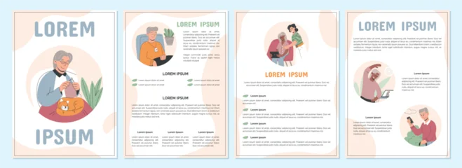 Elderly care brochure templates, vector layout with happy flat senior characters, healthcare and support, pastel design for wellness, retirement planning, medical aid, and social services © Ekaterina