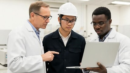 A senior scientist in a lab coat points at a laptop screen while discussing a project with two younger colleagues, one wearing a hard hat - Powered by Adobe