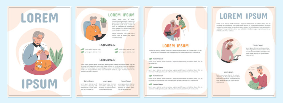 Elderly care brochure templates, vector layout with happy flat senior characters, healthcare and support, pastel design for wellness, retirement planning, medical aid, and social services