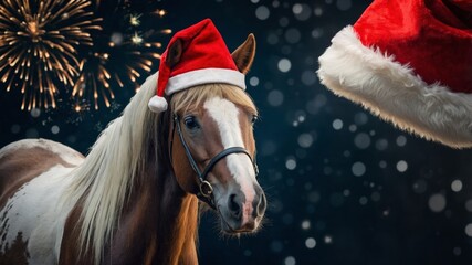 Horse wearing santa hat posing with fireworks in background for christmas or new year's eve